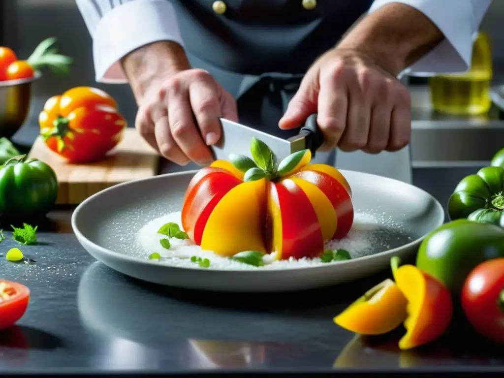 Chef fusionando recetas tradicionales y modernas: manos expertas en acción Las hábiles manos de un chef fusionan recetas históricas con técnicas modernas en una cocina vibrante