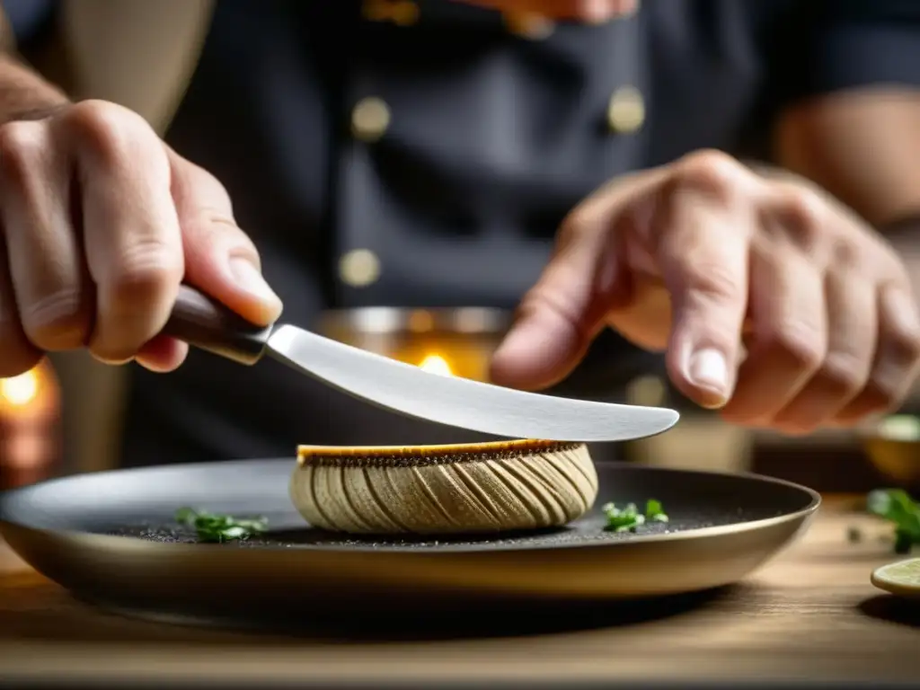 Las hábiles manos de un chef usan réplicas de utensilios históricos en cocina moderna