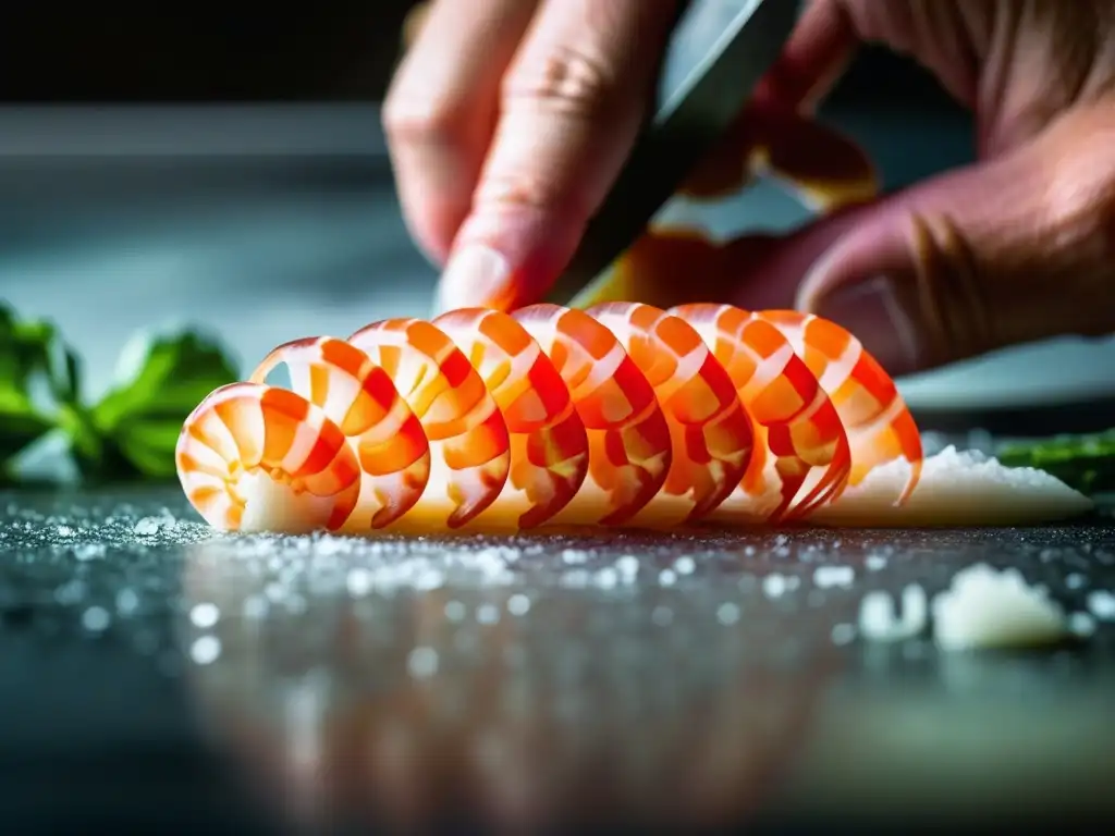 Las hábiles manos de un chef cortan delicadamente un camarón rojo, resaltando la preparación del Carpaccio de Camarón