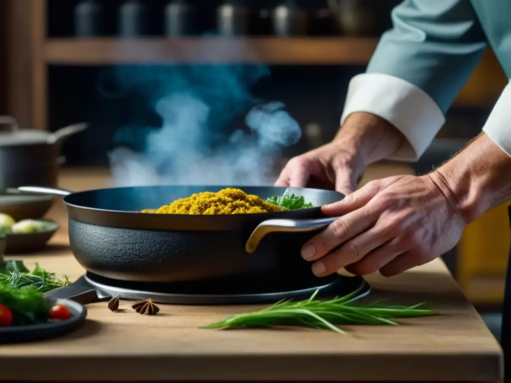 Las hábiles manos del chef sazonan un sartén en una cocina rústica, evocando recetas históricas de cocina americana