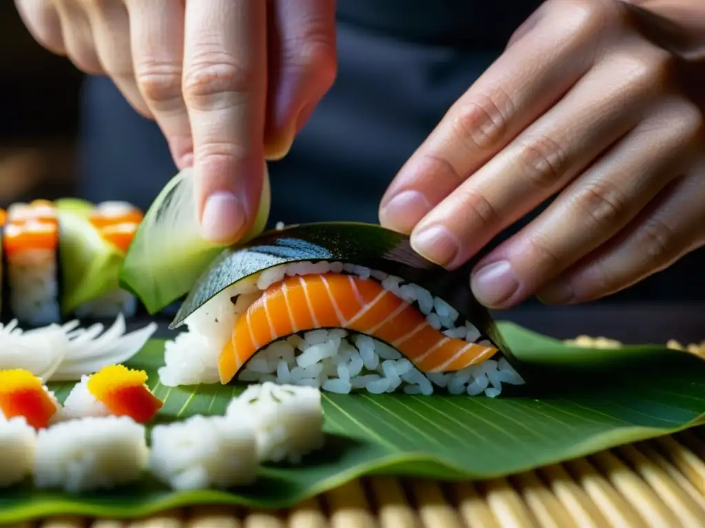 Las hábiles manos de un chef de sushi crean una obra maestra culinaria, fusionando tradición y modernidad en la cocina japonesa