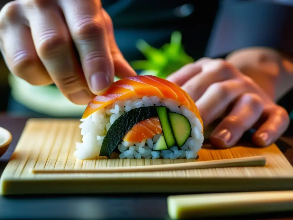 Las hábiles manos de un chef de sushi creando un rollo delicado, destacando la precisión y arte en la preparación