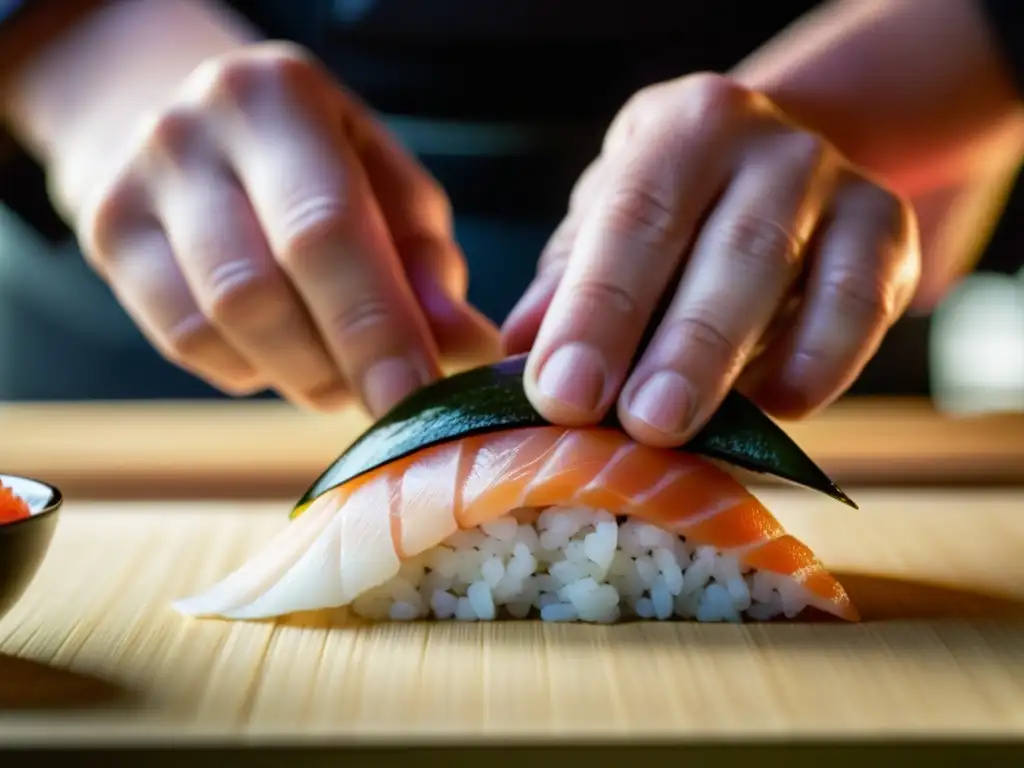 Las hábiles manos de un chef de sushi crean una pieza de nigiri con precisión y destreza