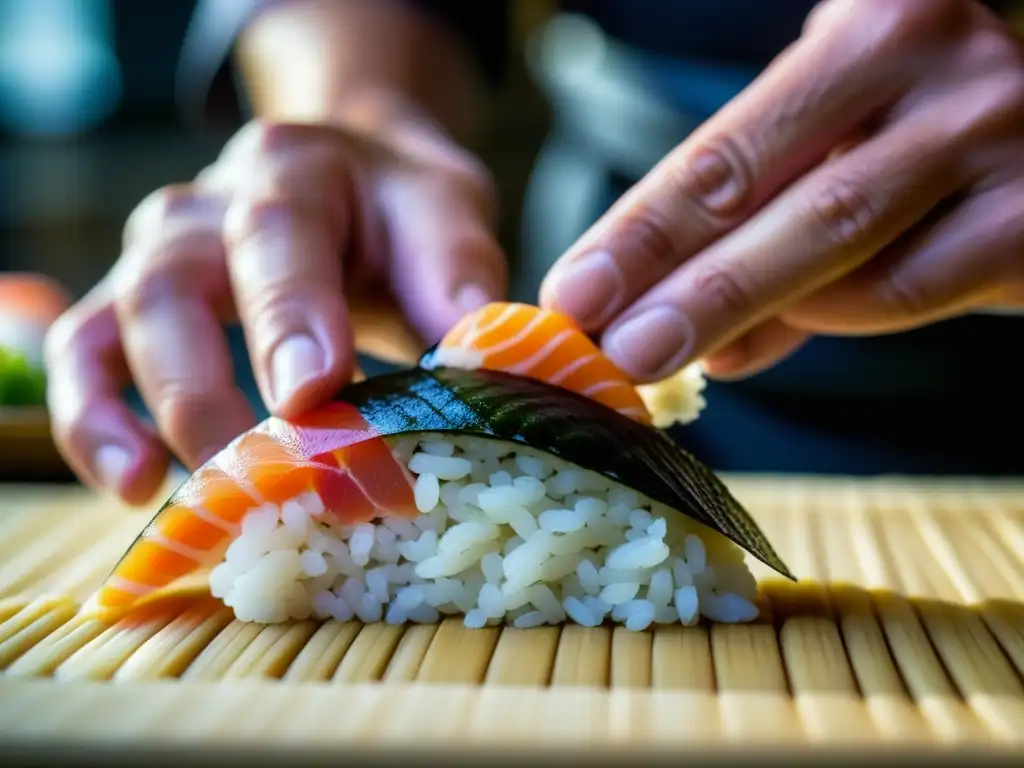 Las hábiles manos del chef de sushi crean arte culinario