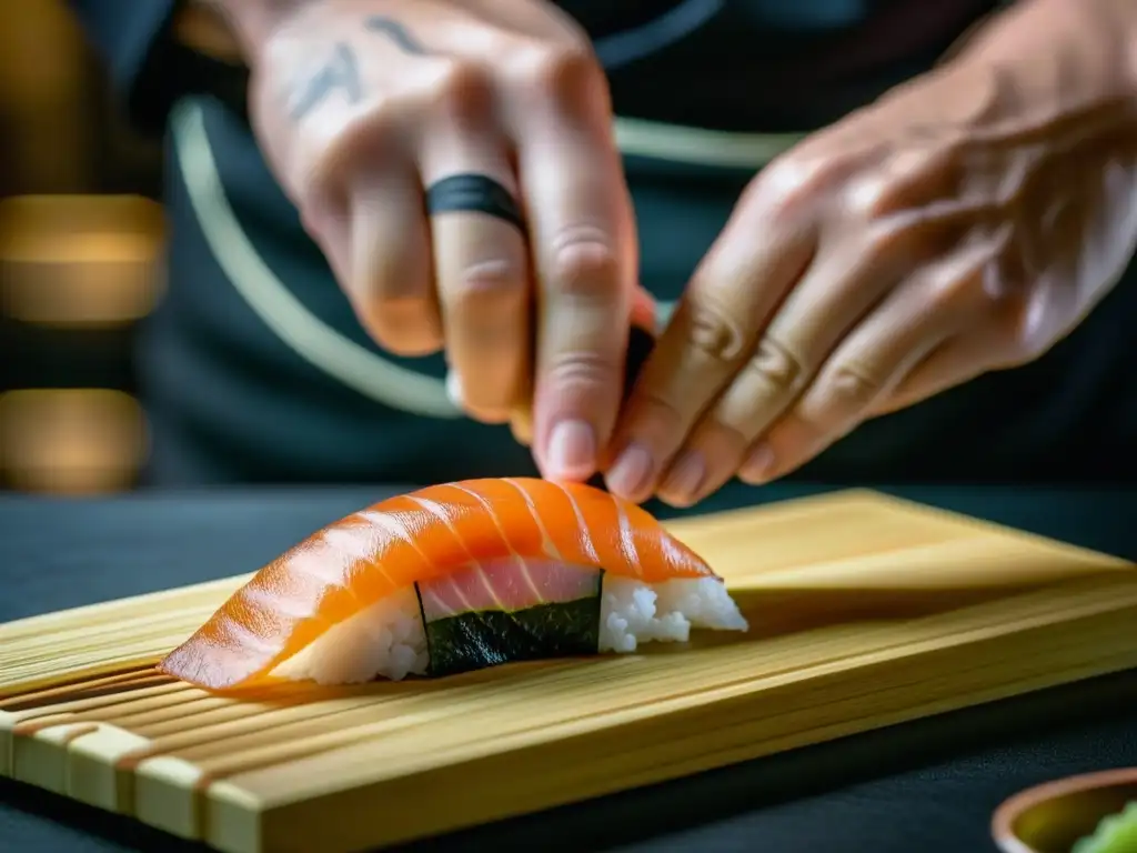 Las hábiles manos de un chef de sushi crean nigiri, fusionando historia y tradiciones de la cocina japonesa