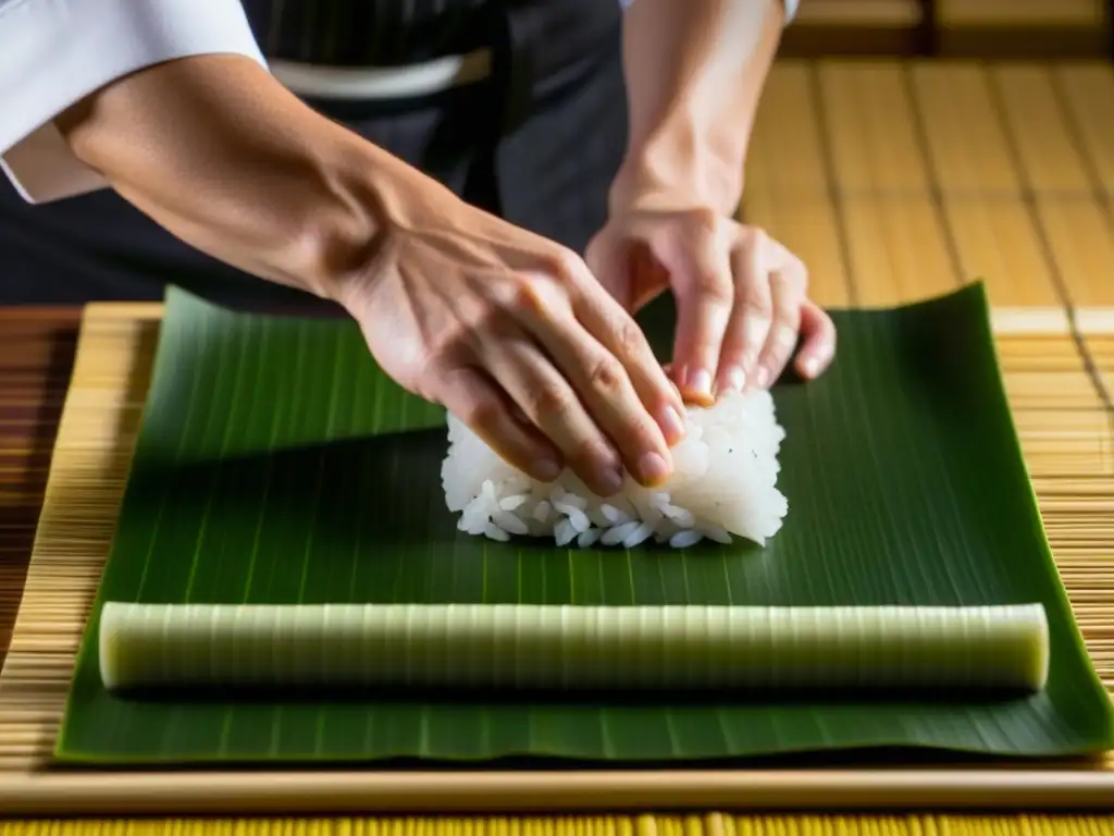 Las hábiles manos de un chef de sushi creando una pieza delicada, destacando la meticulosidad en la elaboración