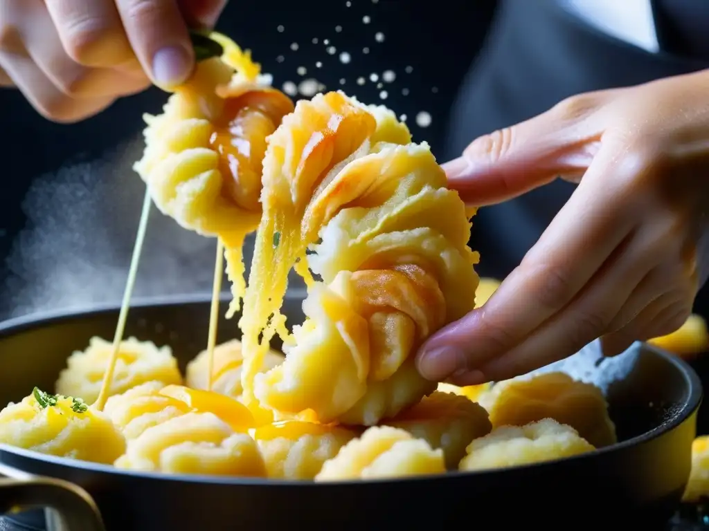 Las hábiles manos de un chef de Tempura sumergen camarón fresco en la clásica masa dorada, en una escena vibrante y tradicional