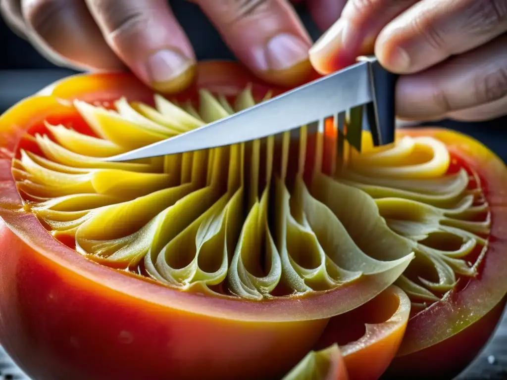 Chef experto cortando tomate heirloom: precisión culinaria Las hábiles manos de un chef cortando un tomate maduro, reflejando el impacto gastronómico de la revolución francesa