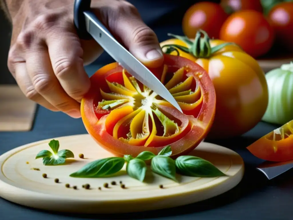 Las hábiles manos de un chef cortando un tomate maduro, destacando su belleza y la precisión culinaria