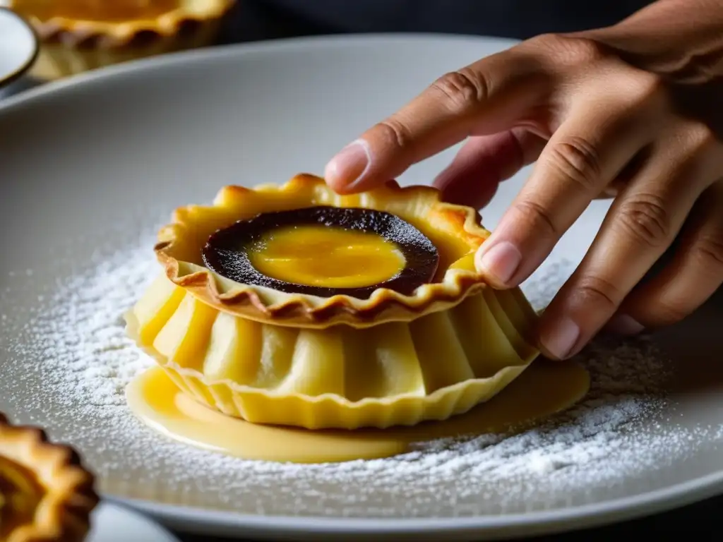 Las hábiles manos del chef fusionan la tradición portuguesa en la cocina brasileña al moldear un pastel de nata