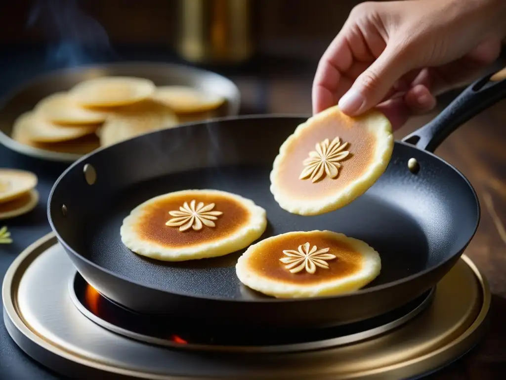 Unos hábiles manos expertas preparan blinis en una sartén, mostrando el origen y receta tradicional Blini de Rusia