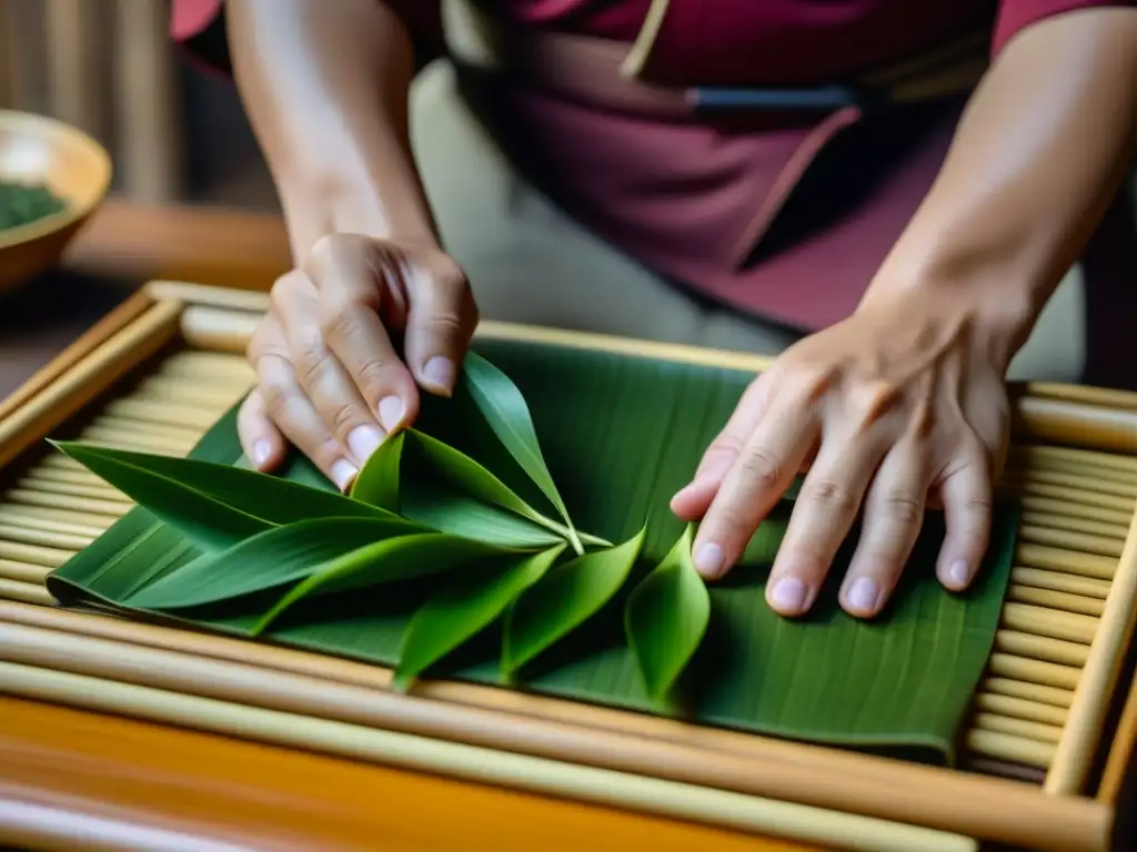 Las hábiles manos de un maestro de té chino enrollando hojas de té en una bandeja de bambú, mostrando la historia del té en China