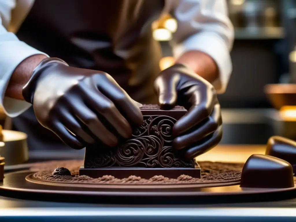 Las hábiles manos de un maestro chocolatero creando una escultura de chocolate en un taller belga