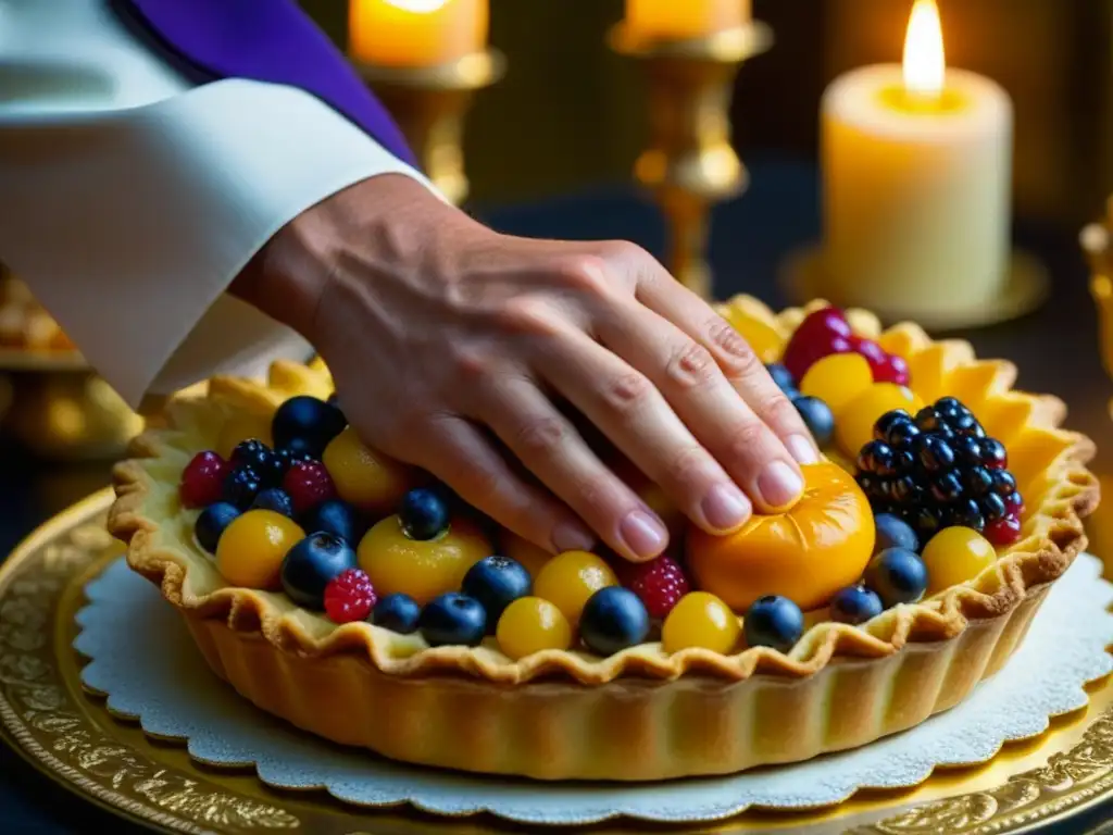 Las hábiles manos de un maestro panadero colocan frutas vibrantes sobre una masa dorada, mostrando el origen medieval de pasteles frutas históricos