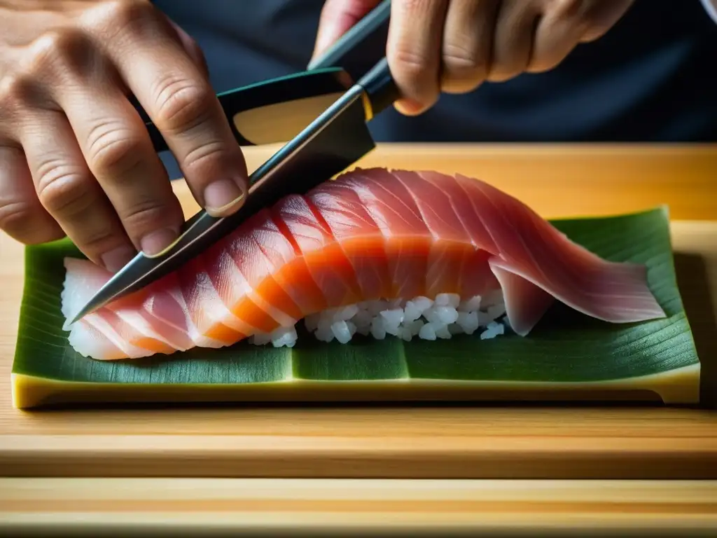 Las hábiles manos de un maestro sushi cortando sashimi fresco, mostrando precisión y expertise en la mesa japonesa