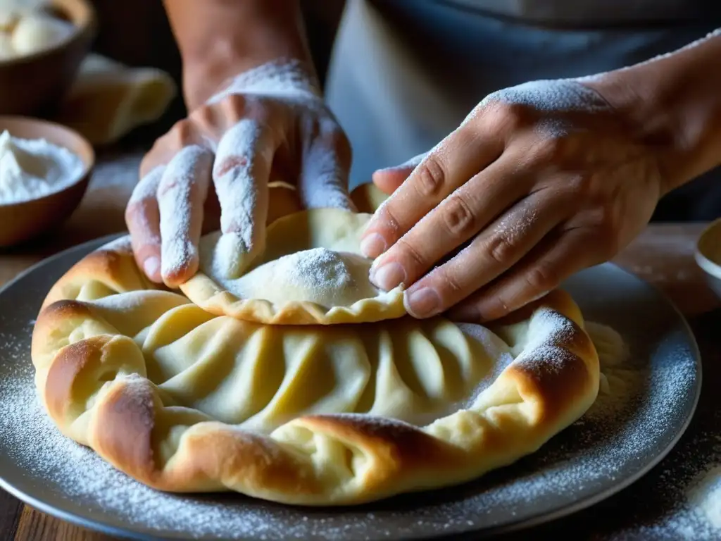 Las hábiles manos amasan la masa para lángos, resaltando su textura y elasticidad