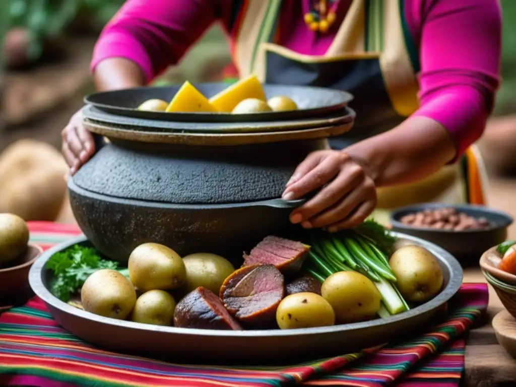 Las hábiles manos de una mujer andina preparan una Pachamanca, banquete sagrado Andes