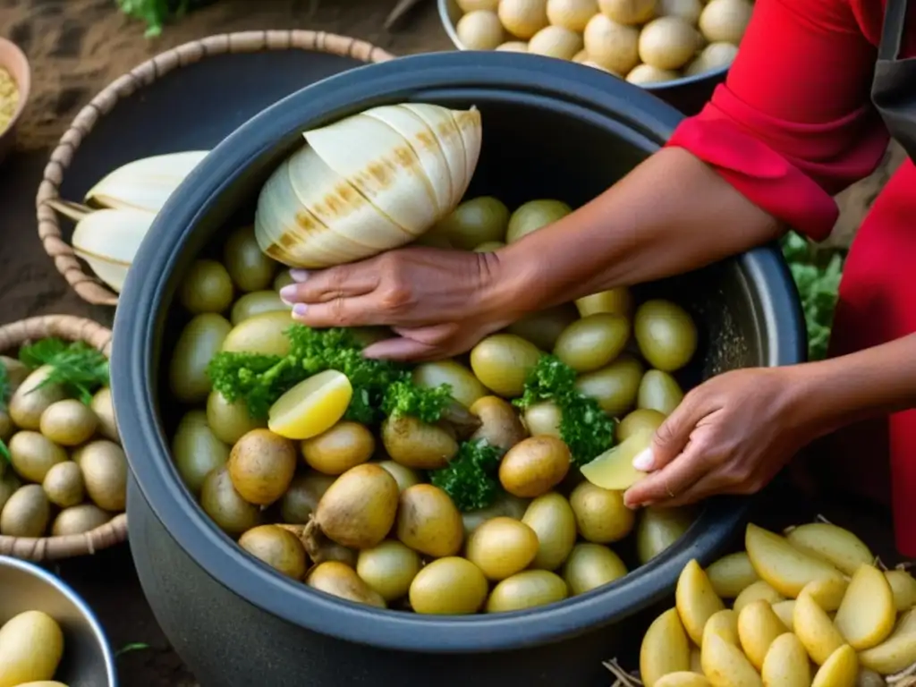 Las hábiles manos de una mujer chilota preparan un Curanto en Hoyo ritual gastronómico Chiloé con delicadeza y tradición