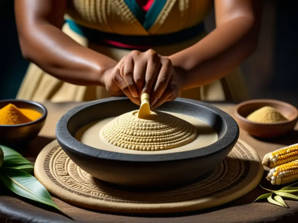 Las hábiles manos de una mujer mesoamericana preparando atole en metate de piedra, resaltando cada detalle en claridad impresionante