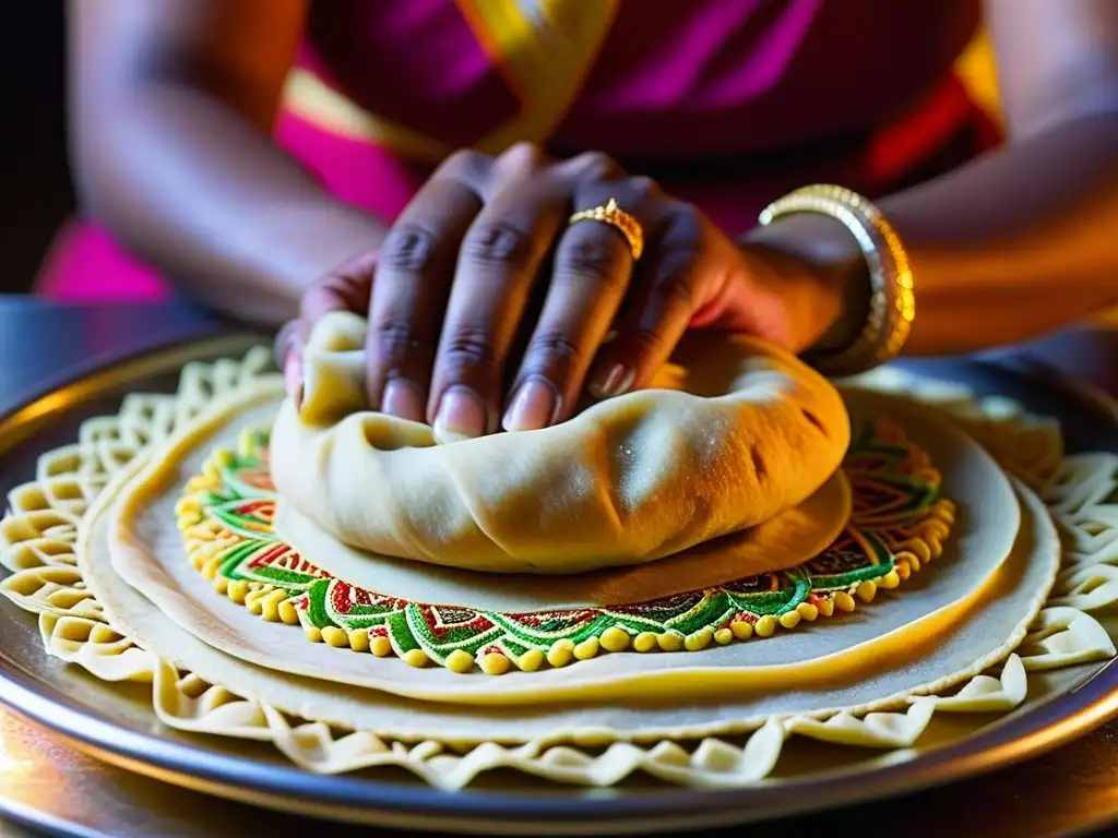 Las hábiles manos de una mujer del sur de Asia crean patrones coloridos en la masa, fusionando tradición e innovación en la cocina tradicional