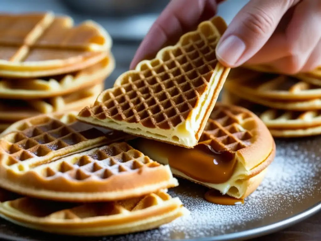 Las hábiles manos de un panadero colocan cuidadosamente caramelo entre dos Stroopwafels doradas y recién horneadas