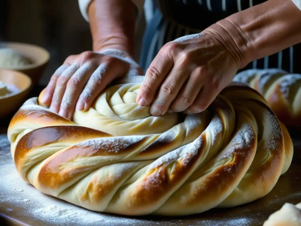 Las hábiles manos del panadero moldean con destreza la masa en panes trenzados, resaltando la importancia de los cereales en la dieta bizantina