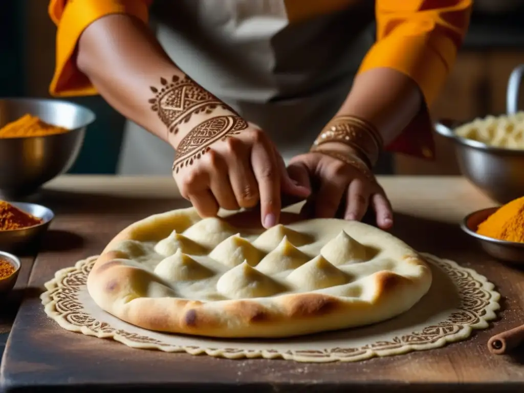 Las hábiles manos del panadero estiran la masa de naan, mostrando texturas y elasticidad