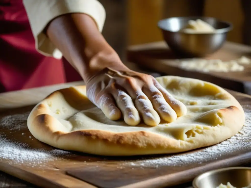 Las hábiles manos de un panadero estiran la masa para hacer Pan Naan, resaltando la tradición y autenticidad de su preparación