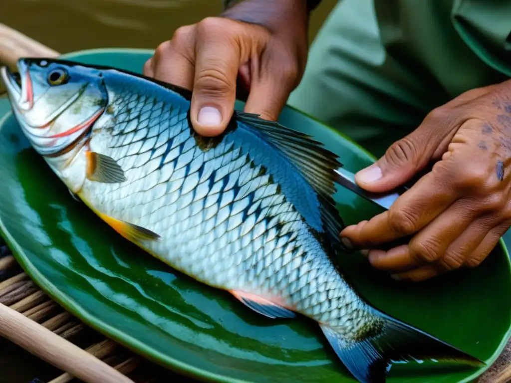 Las hábiles manos de un pescador amazónico cortando un pirarucú fresco, mostrando la preparación de recetas históricas amazónicas caza pesca