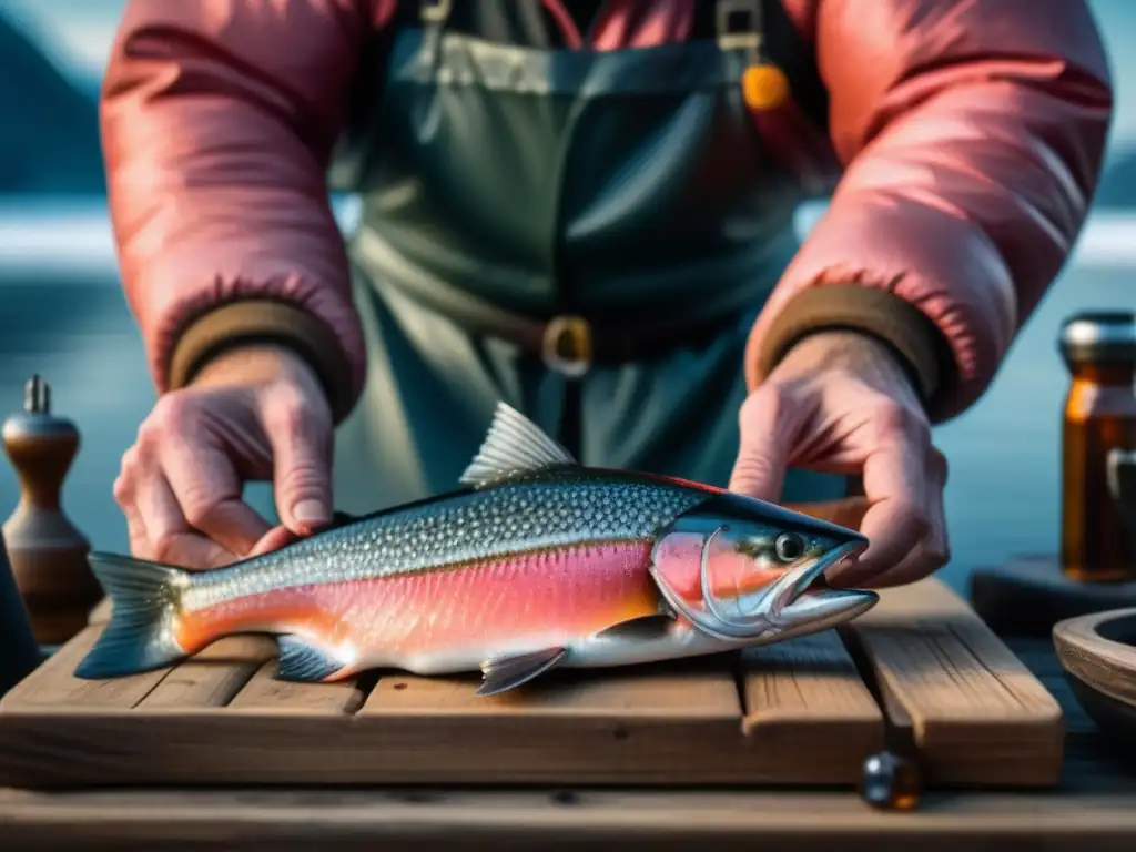 Las hábiles manos del pescador escandinavo filletan con destreza un char ártico fresco, destacando la importancia de la pesca en la cocina escandinava