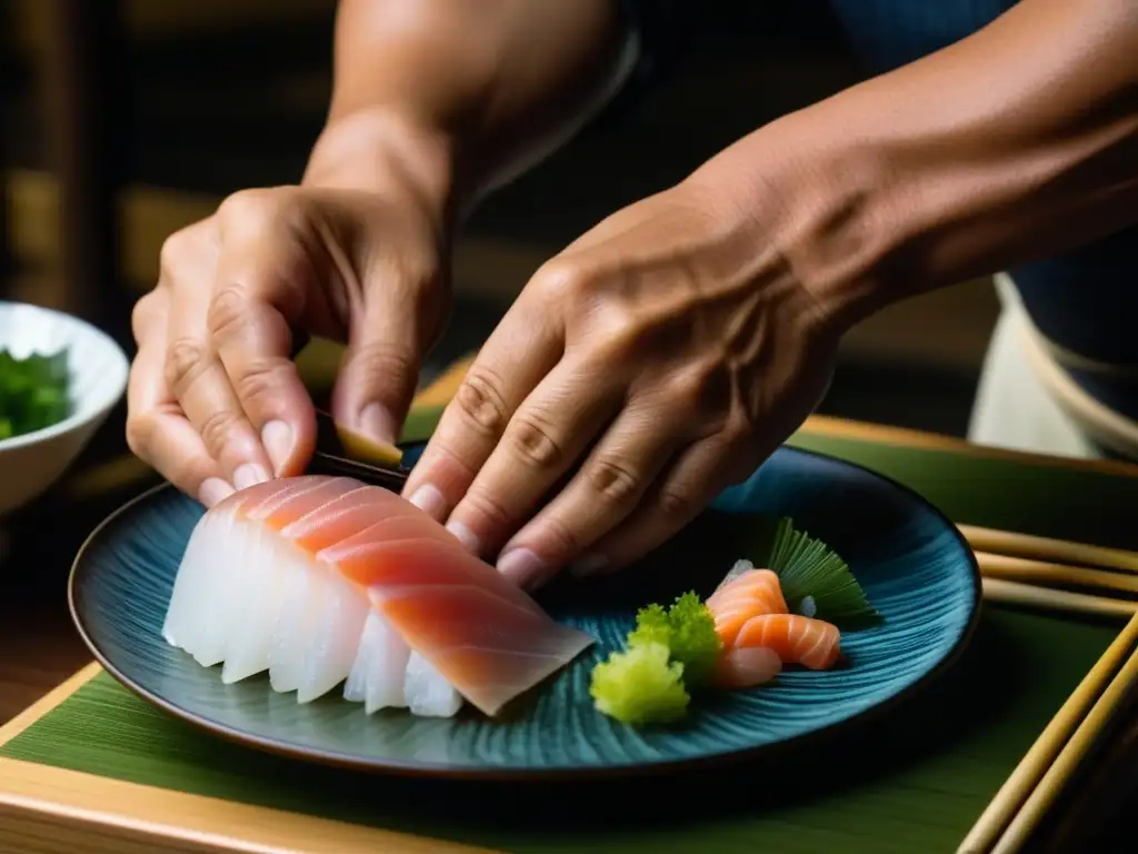 Las hábiles manos del pescador japonés en la Era Edo preparando sashimi, reflejando la maestría y respeto por el pescado