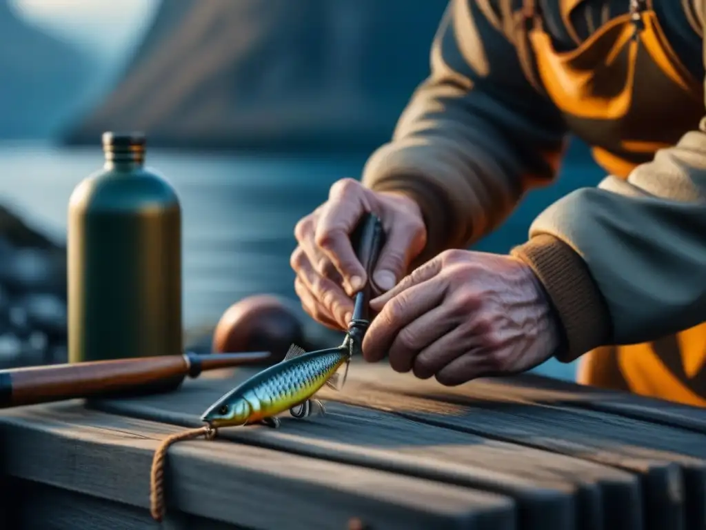 Las hábiles manos de un pescador nórdico tradicional atando un anzuelo, mostrando la destreza y dedicación en la caza y pesca tradición nórdica