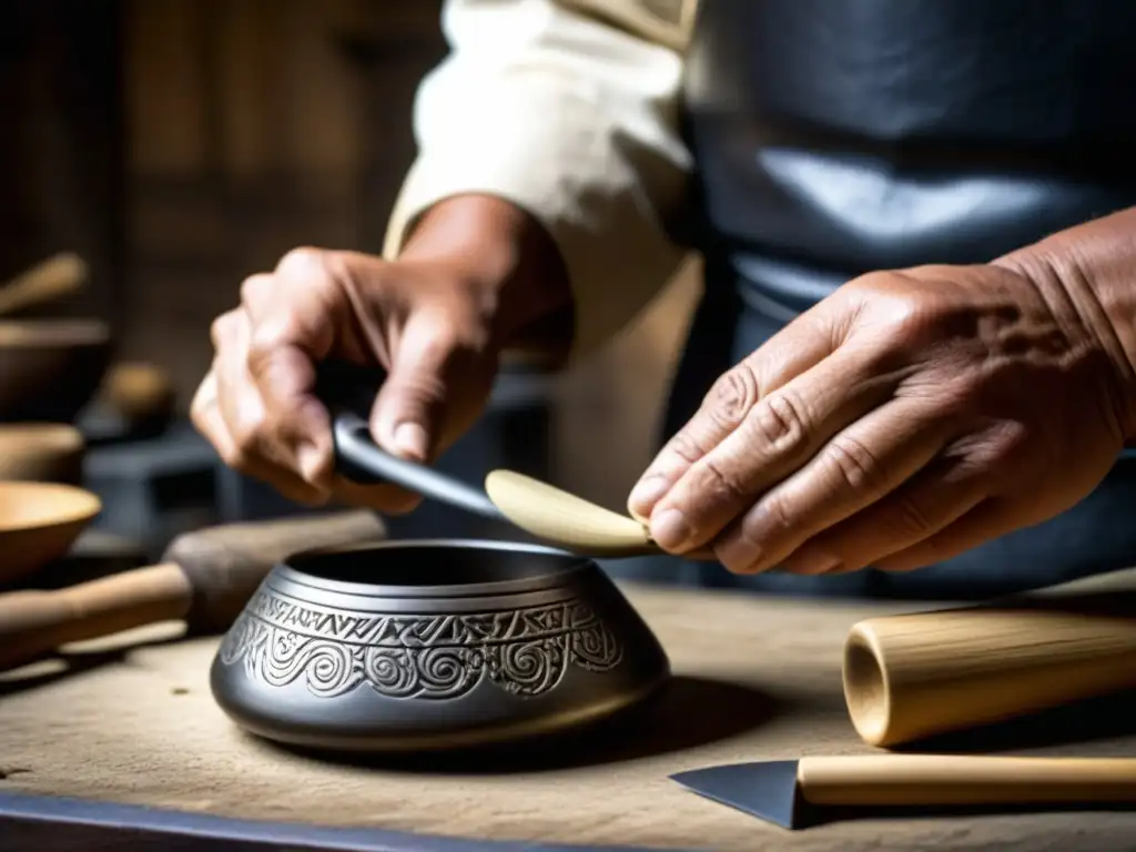 Hábiles manos creando réplica de utensilio antiguo en cocina ancestral