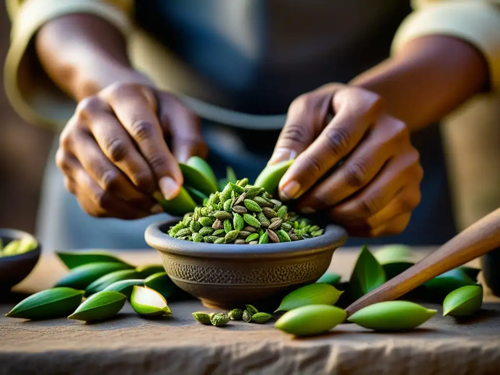 Las hábiles manos de un vendedor de té muelen cardamomo fresco en un mortero, destacando el contraste entre lo verde y lo áspero