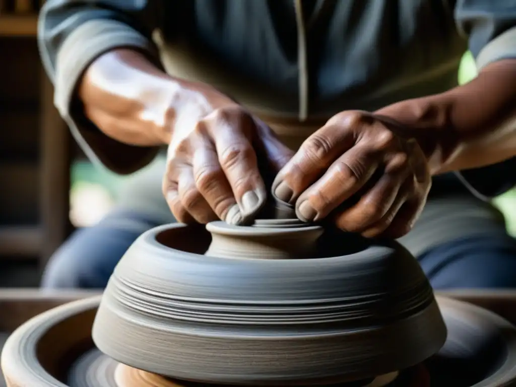 La habilidad de un artesano japonés en cerámica, moldeando con destreza una pieza en una rueda tradicional