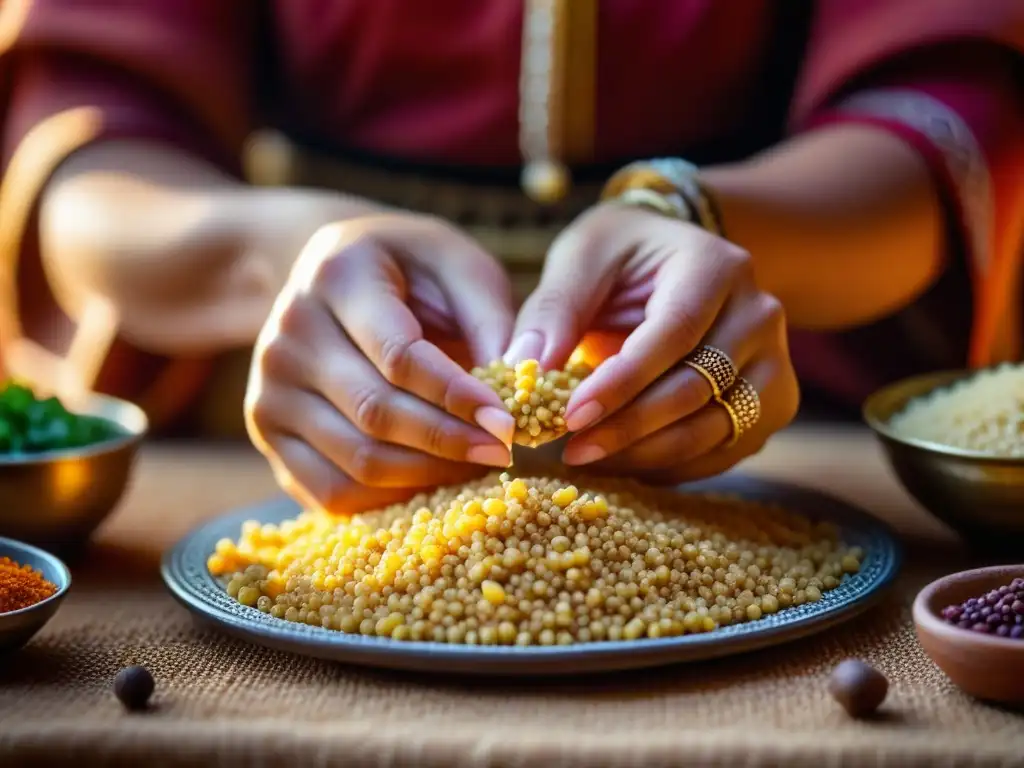 Habilidosas manos bereberes moldeando couscous en cocina tradicional del Magreb, influencias culinarias