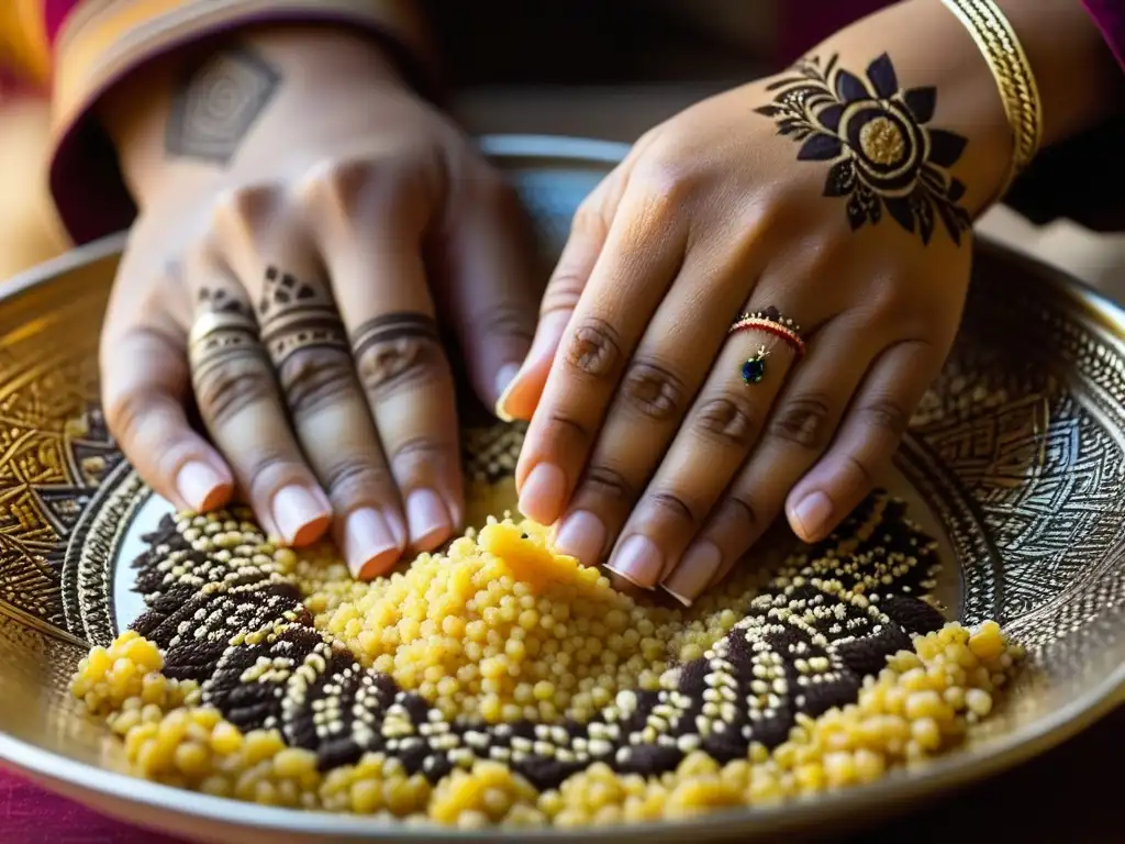Las habilidosas manos de un chef bereber moldean couscous con precisión, reflejando la influencia culinaria magrebí