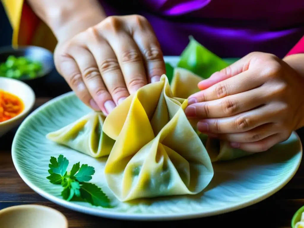 Las habilidosas manos de un chef experto creando wontons, fusionando la historia culinaria IndoChina