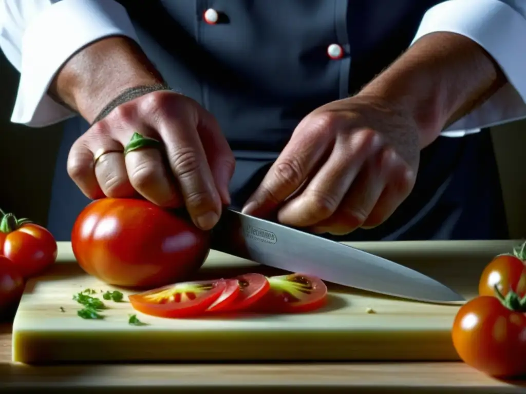 Las habilidosas manos de un chef cortando un tomate rojo, mostrando precisión y destreza en técnicas culinarias tradicionales