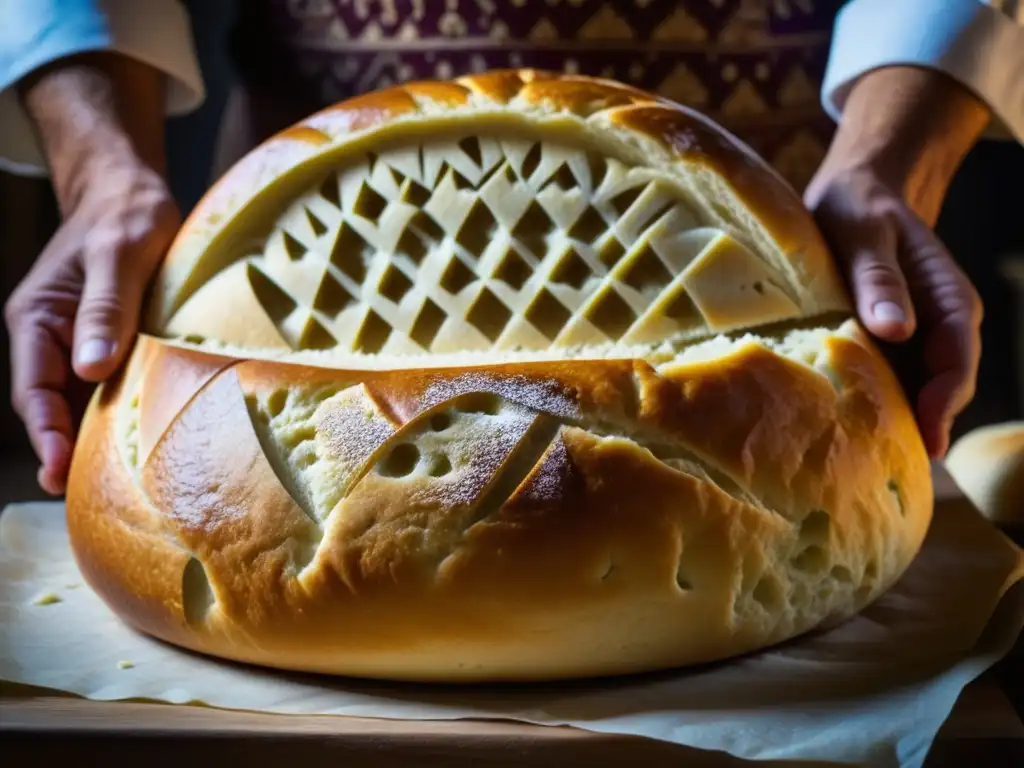 Las habilidosas manos de un panadero artesano moldeando un pan del Imperio Otomano, reflejando la historia culinaria