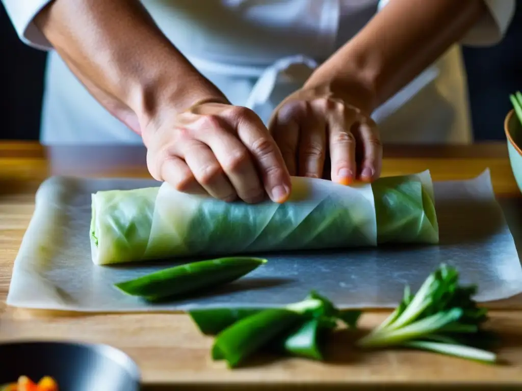Habilidoso chef preparando un rollo primavera con precisión y maestría, resaltando colores y texturas