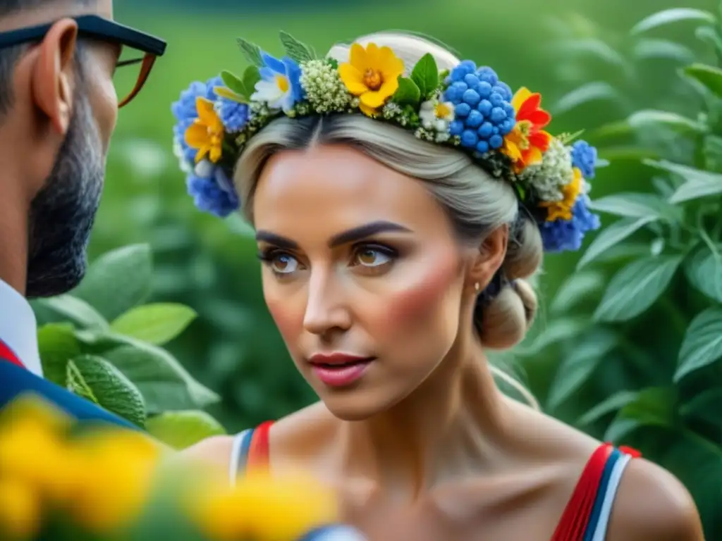 Un halo de flores vibrantes es tejido con destreza, simbolizando la importancia del clima en la celebración de Midsommar en Escandinavia