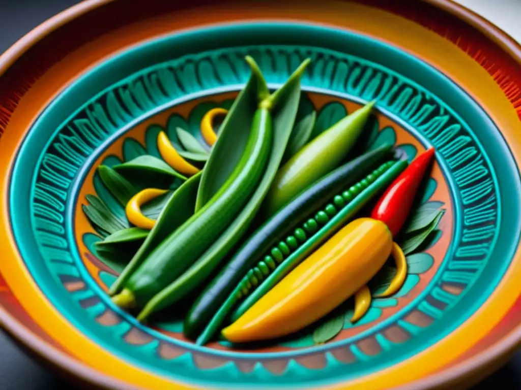 Una hermosa cerámica Maya llena de ingredientes coloridos resaltando la cultura culinaria