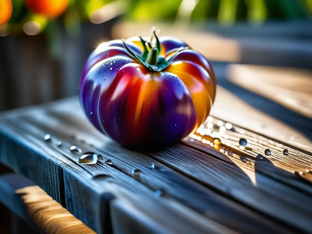 Una hermosa historia de productos orgánicos y culturas: detallada imagen de un tomate morado brillante sobre una mesa de madera envejecida