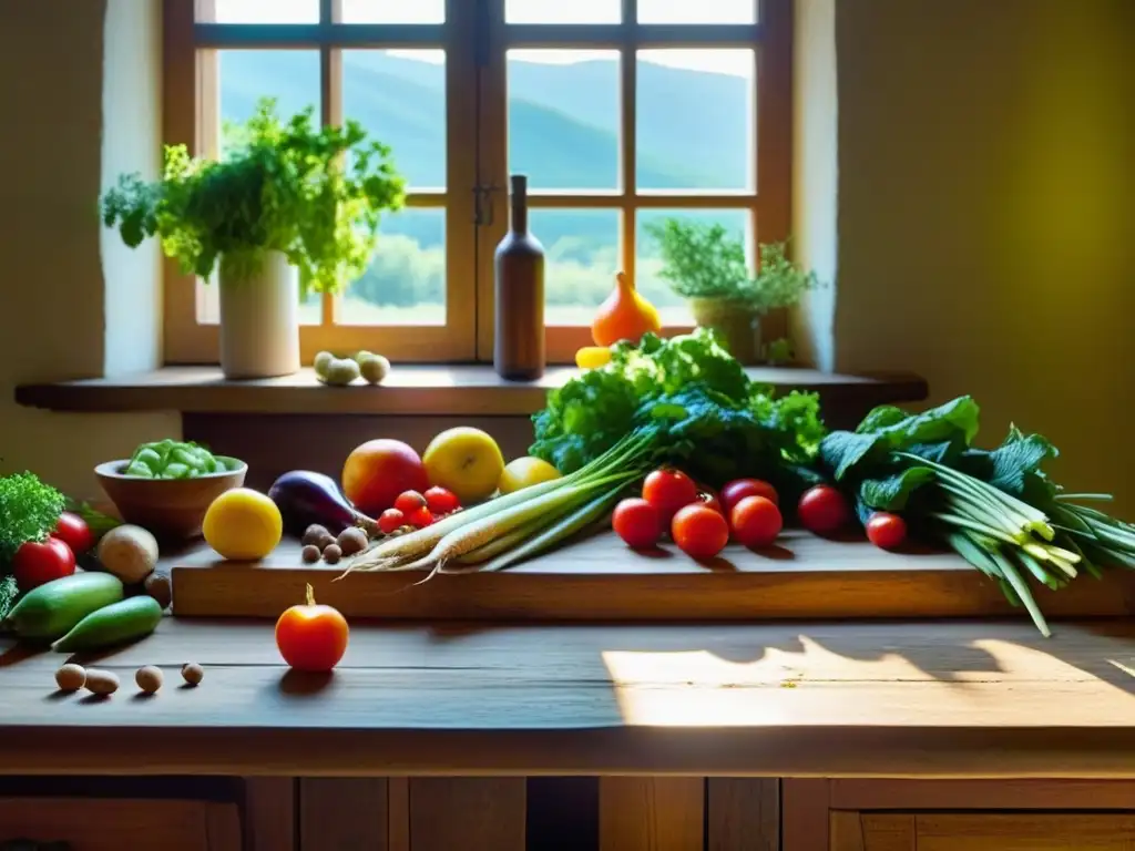 Una hermosa mesa de madera rústica en una cocina monástica, con una variedad de alimentos frescos y coloridos, iluminados por la luz del sol