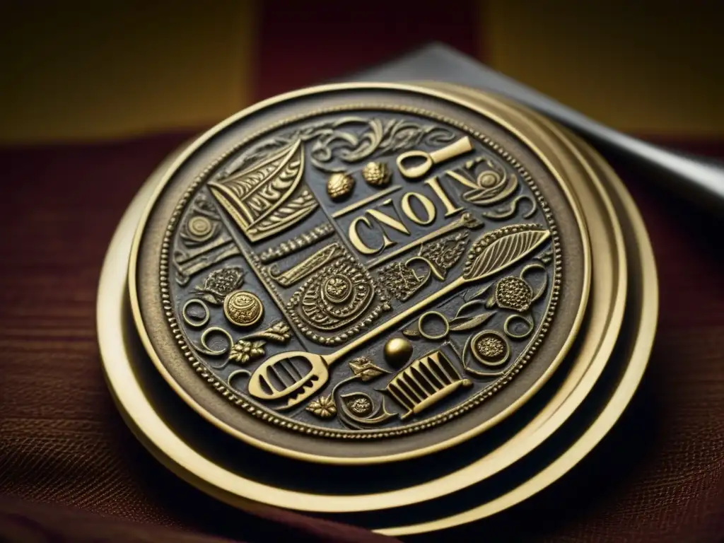 Antiguo utensilio de cocina de bronce con grabados históricos Una hermosa pieza de bronce con grabados de escenas culinarias antiguas, iluminada suavemente