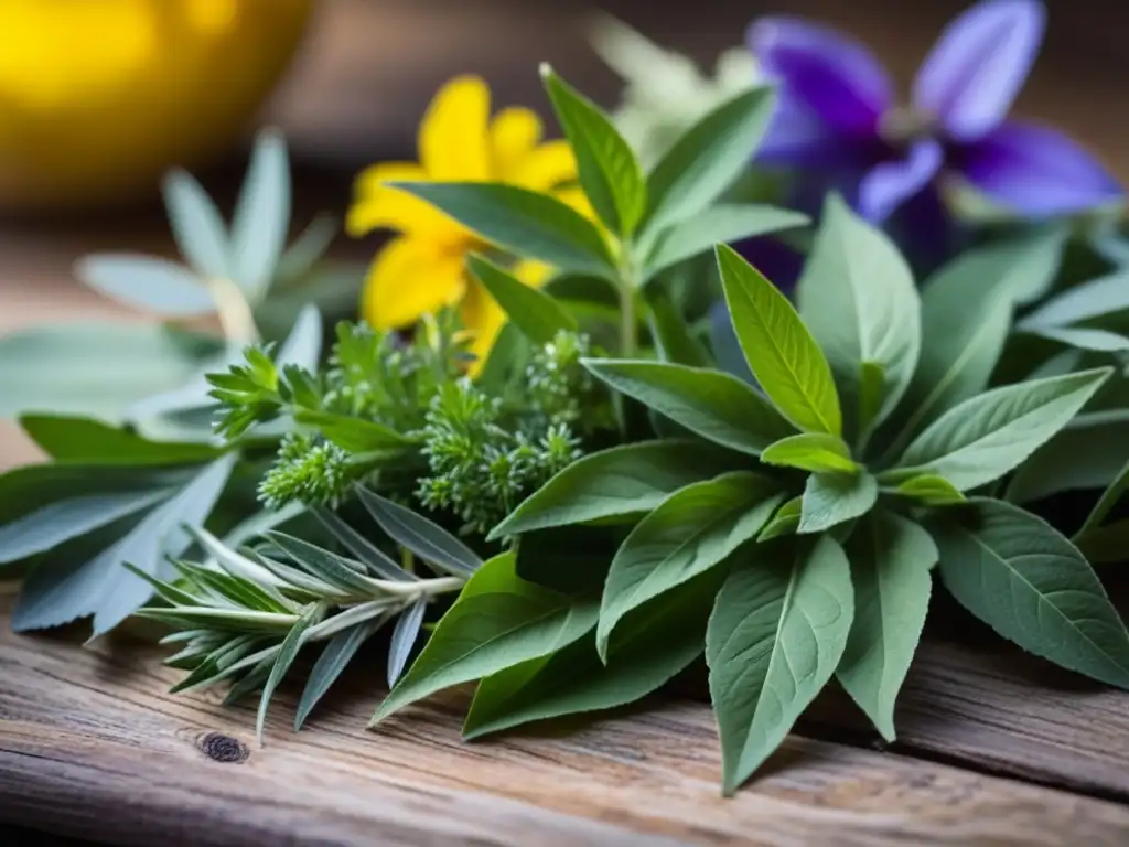 Hermosa variedad de hierbas silvestres de la cocina Armenia en una mesa rústica de madera