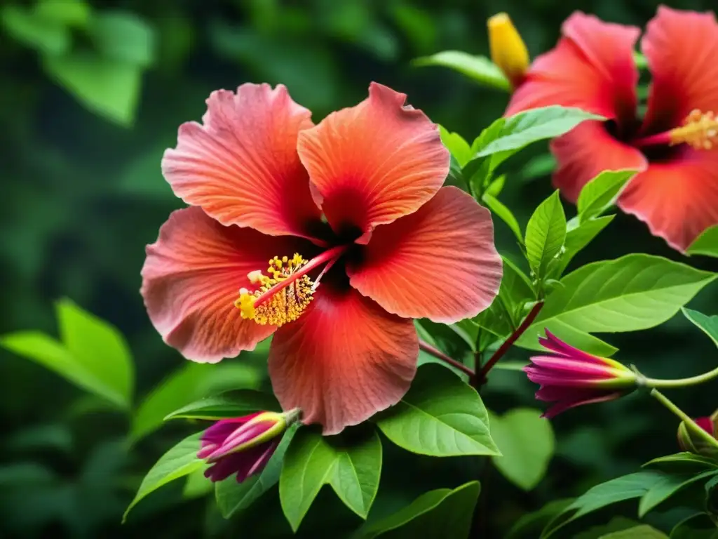 Hermosas flores de hibisco rojo en la selva maya, un tesoro de ingredientes silvestres gastronomía Maya