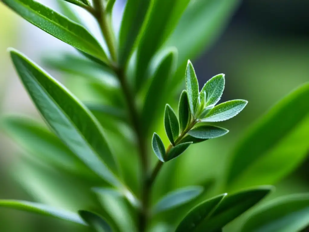 Hermosas hierbas medicinales con rol antioxidante, frescas y vibrantes, brillando con rocío bajo luz suave