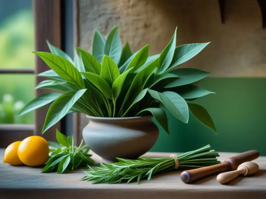 Hermosas hojas de albahaca y ramitas de orégano en cocina medieval